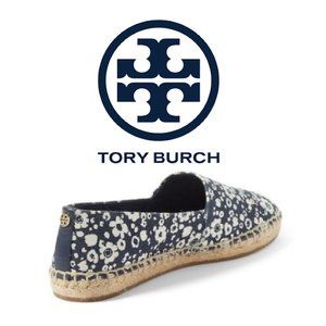 Tory Burch Navy Floral Risa Espadrille White Floral Canvas Flats Size 11